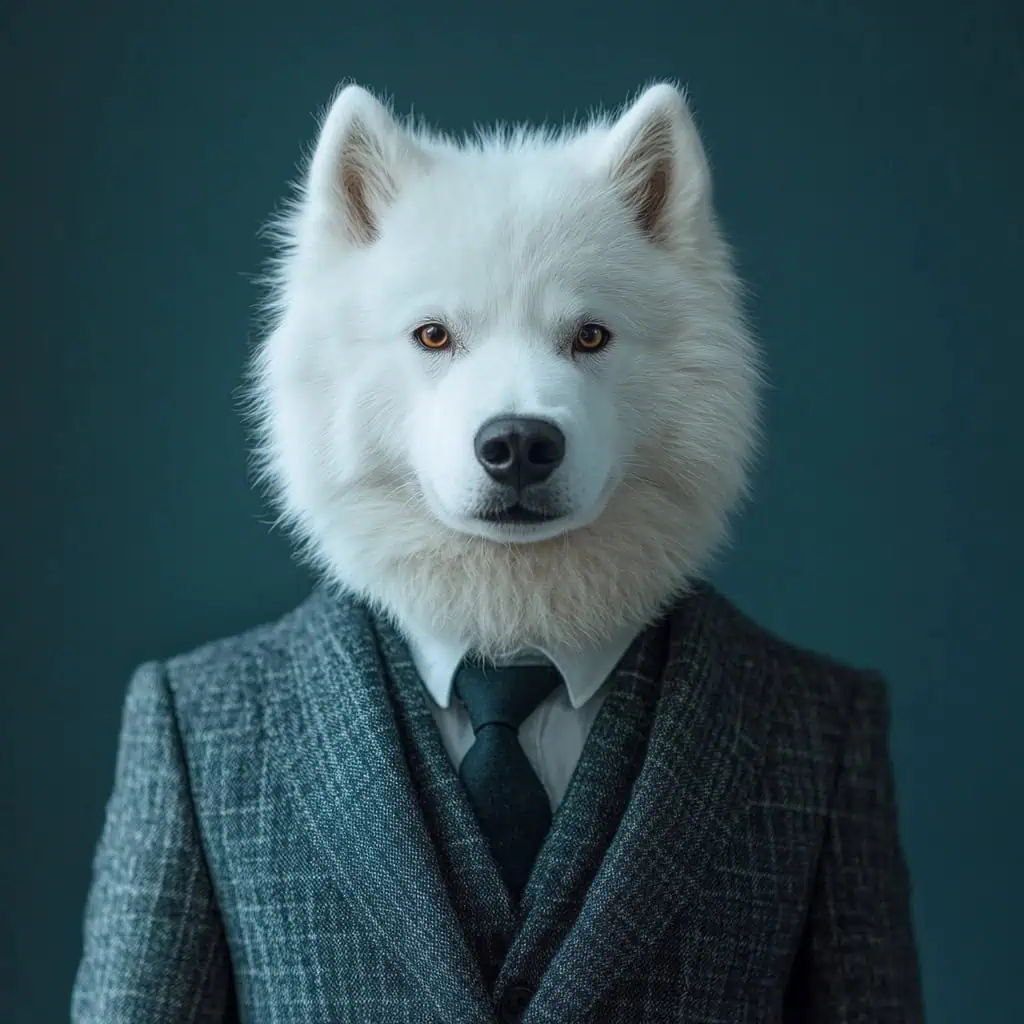 Samoyed dressed as a businessman