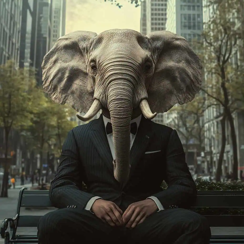 A man in an elephant costume sitting on a bench, representing the elephant in the room of overpriced web design